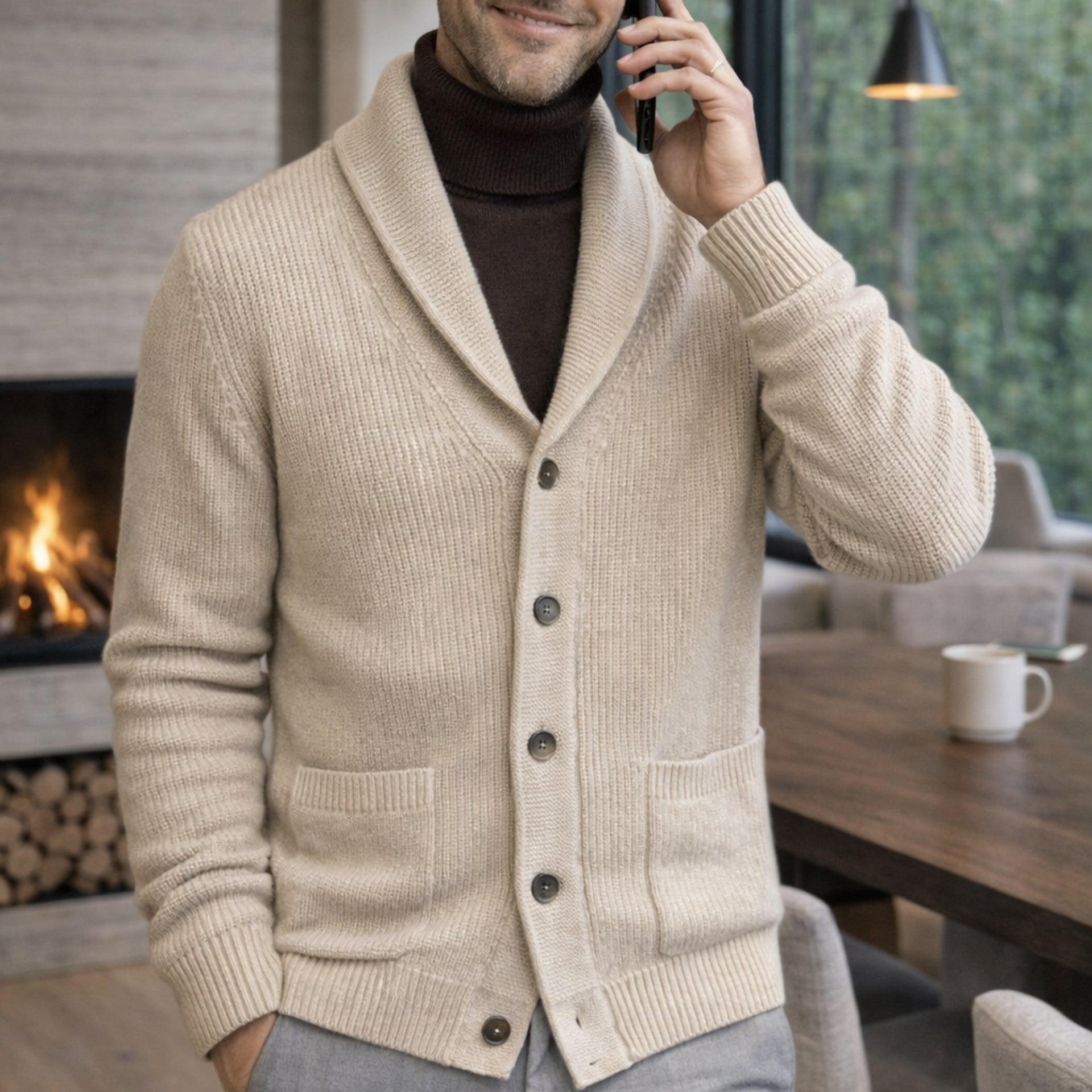 Cardigan col châle en laine d'agneau merinos